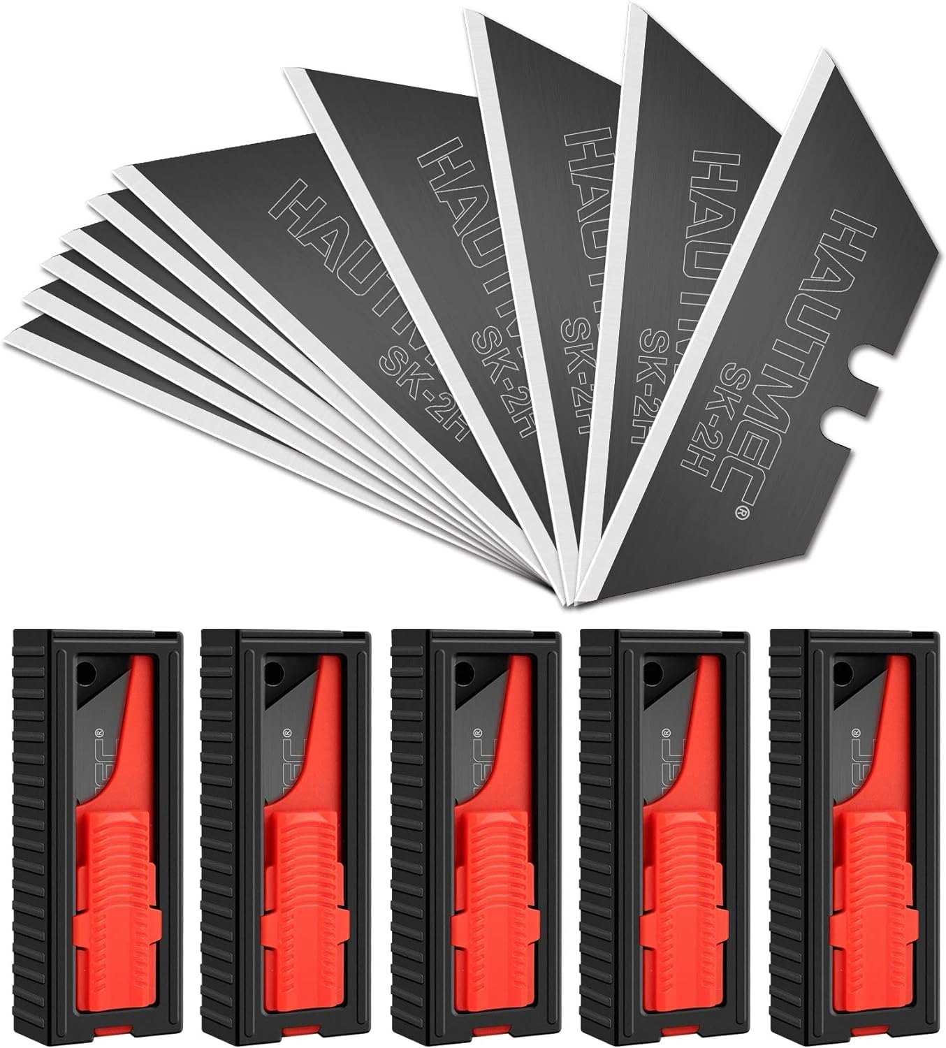 HAUTMEC Utility Knife Blades 50-Pack, Ultra-Sharp SK2H Black Rust-Resistant Blades with Safety Dispenser, Standard Size Replacement Blades for Box
