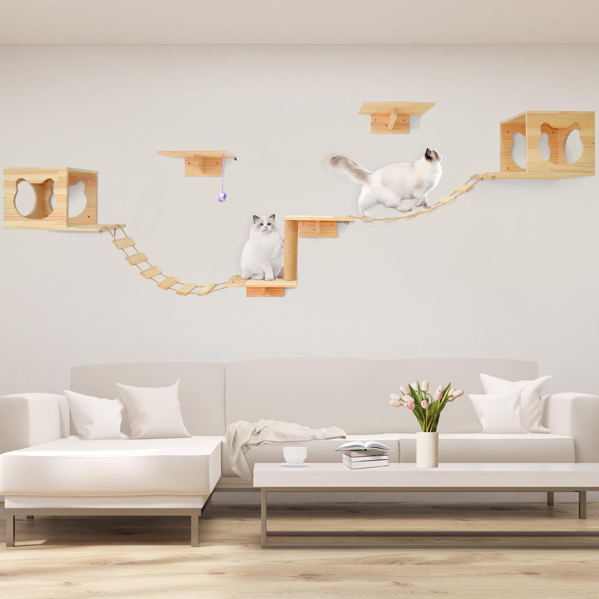Cat Wall Furniture, Cat Shelves and Perches for Wall, Mounted Indoor Cats Furniture Solid Wood for Cat Sleeping Playing Loun