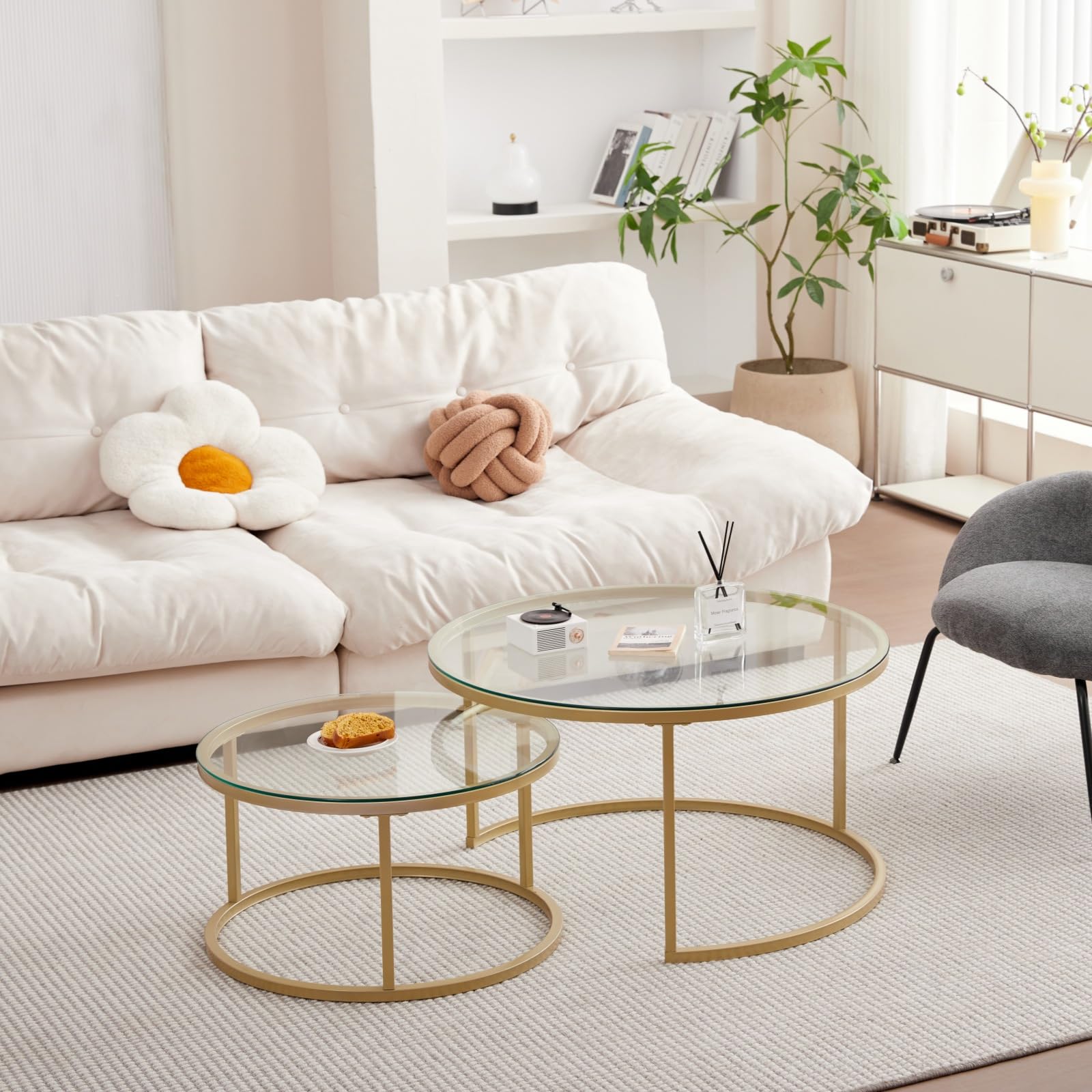 Lot de 2 Table Basse, Table D'appoint Ronde Empilable pour Salon, Pieds en Métal Plaqué Or, Adapté au Salons, Café, Salon (80 * 45 cm et 60 * 35 cm) - Verre Or