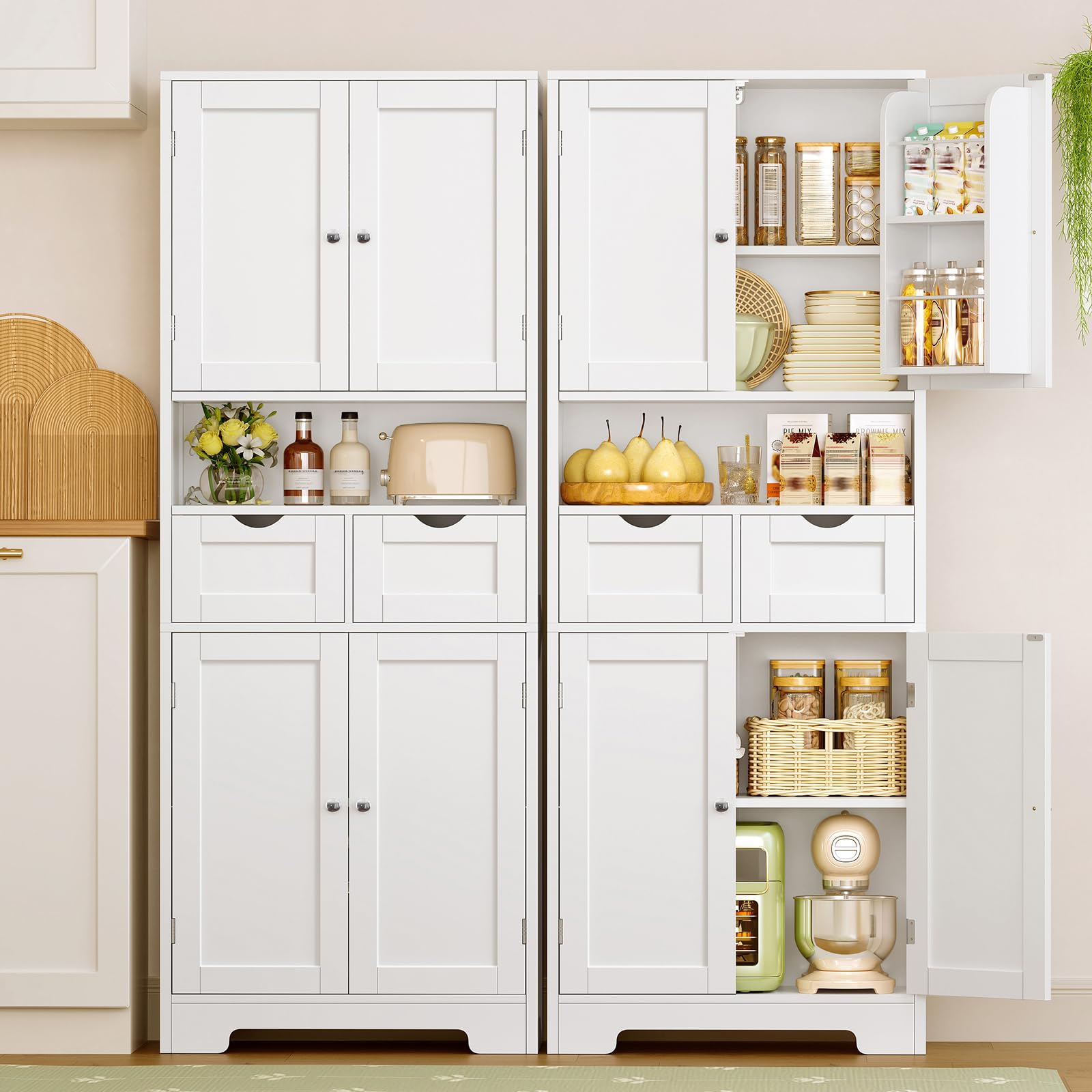 TEENFON Credenza Cucina Alta, Mobile Dispensa Alto 4 Ante e 2 Cassetti con Ripiani Regolabili e Portaspezie sulla Porta, Armadio Multiuso per Cucina, Soggiorno, Bagno, 60 x 30 x 161 cm, Bianco