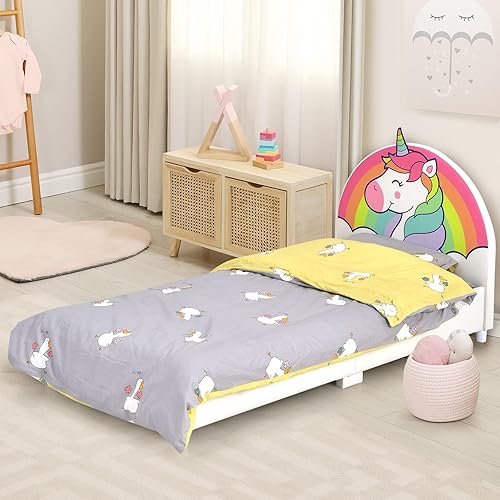 HONEY JOY Marco de cama individual para niños, plataforma de cama individual de madera con cabecera y base de listones, no necesita somier, muebles