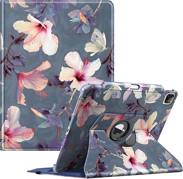 FINTIE Rotating Case Compatible with iPad Pro 12.9 inch (2022/2021/2020/2018, 6th/5th/4th/3rd Generation)-360 Degree Swiveling Protective Cover w/Pencil Holder, Auto Sleep/Wake, Blooming Hibiscus