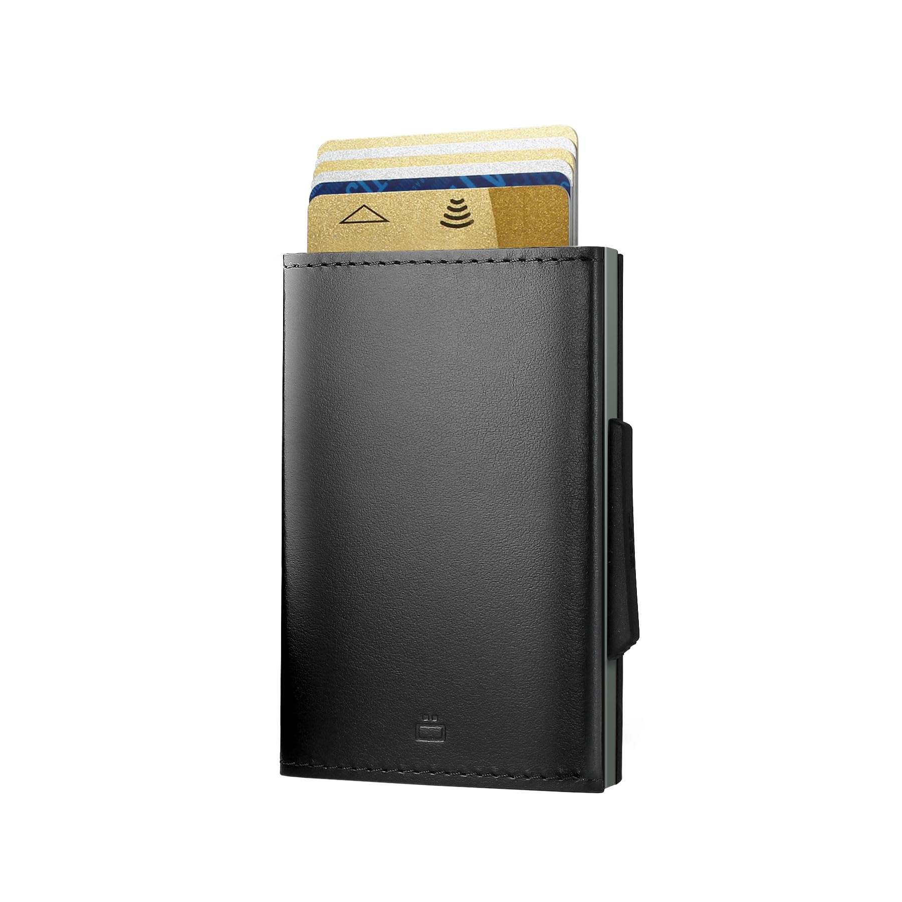 ÖGON -DESIGNS-Automatic Leather Wallet Cascade Slim - Compact Aluminum RFID Blocking Card Holder - Up to 8 Cards and banknotes (Platinium Black)