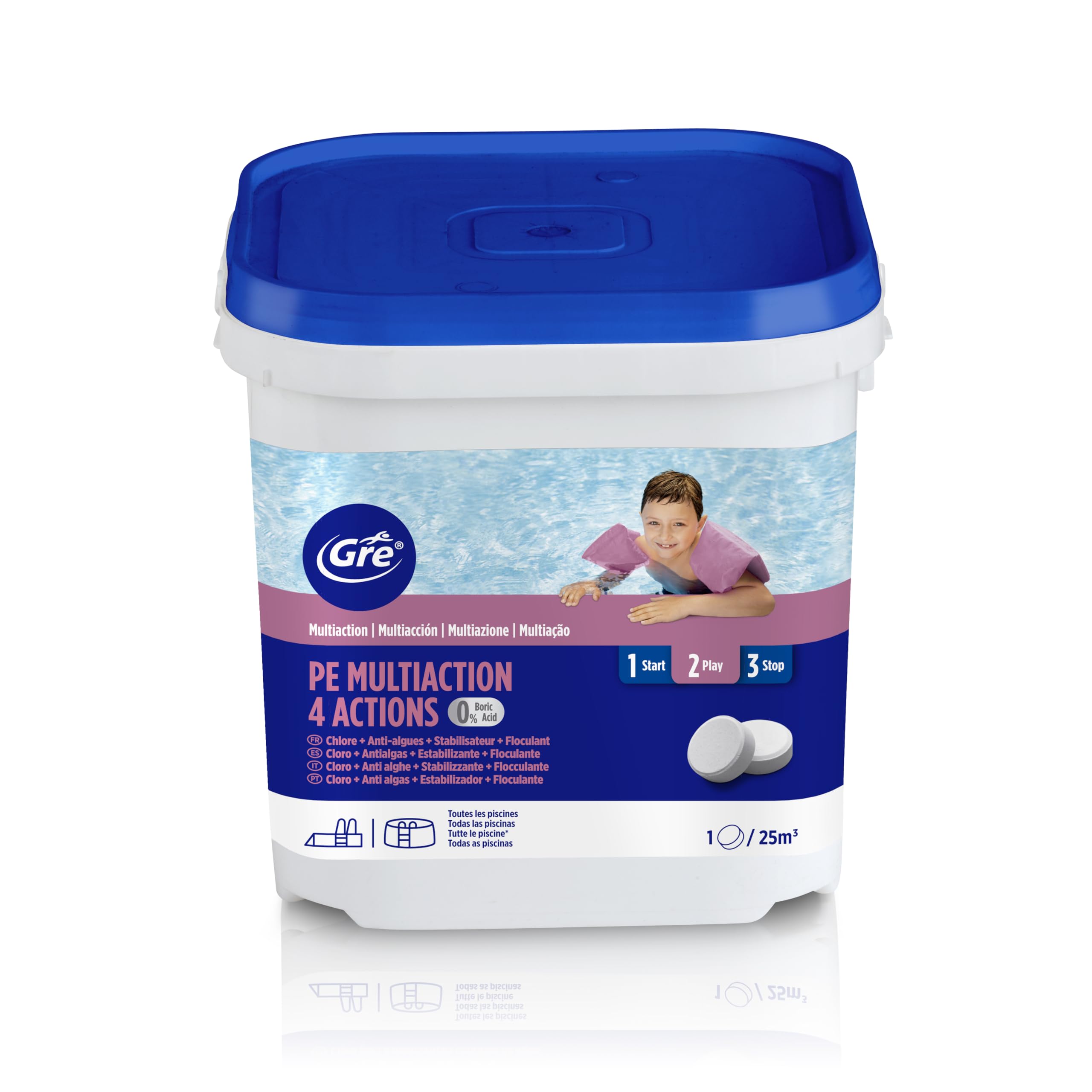 GRE 76006NB -Tabletas de Cloro Multifunción 4 Acciones: Desinfección, Antialgas, Floculante y Estabilizador. Tratamiento y Limpieza Integral de Piscinas. Tabletas 250 gr, 5 kg