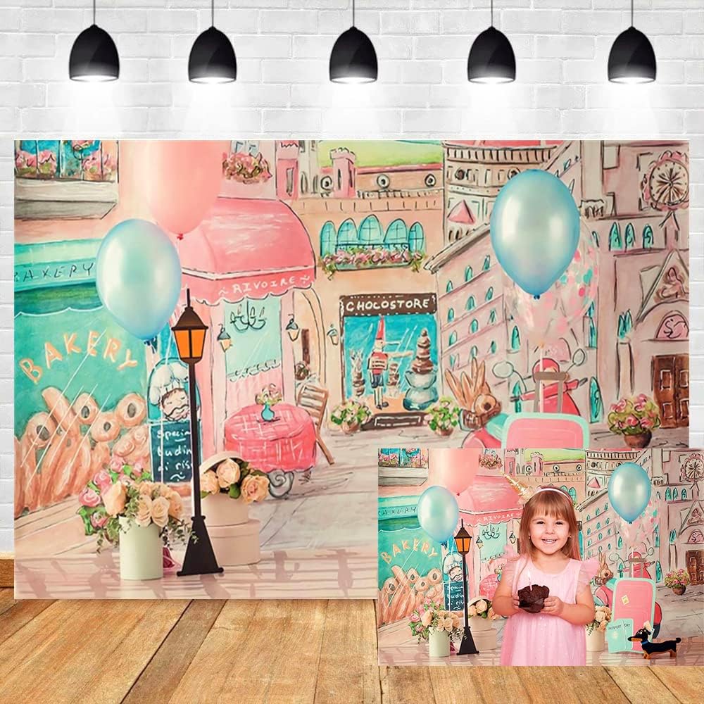 DORCEV 5x3ft City Bakery Street View Photography Backdrop Dessert Shop Cityscape Watercolor Photo Themed Sweet Girly Birthday Party Dessert Table Background Photo Booth Banner Decoration