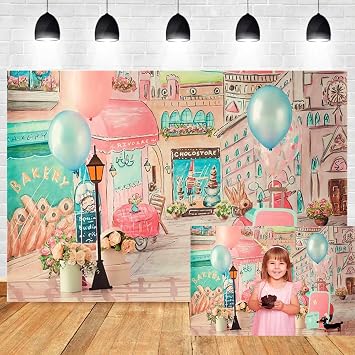 8x6ft City Bakery Street View Photography Backdrop Dessert Shop Cityscape Watercolor Photo Themed Sweet Girly Birthday Party Dessert Table Background Photo Booth Banner Decoration