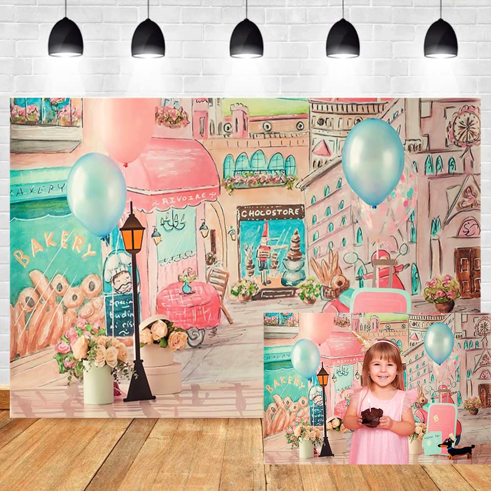 DORCEV 5x3ft City Bakery Street View Photography Backdrop Dessert Shop Cityscape Watercolor Photo Themed Sweet Girly Birthday Party Dessert Table Background Photo Booth Banner Decoration