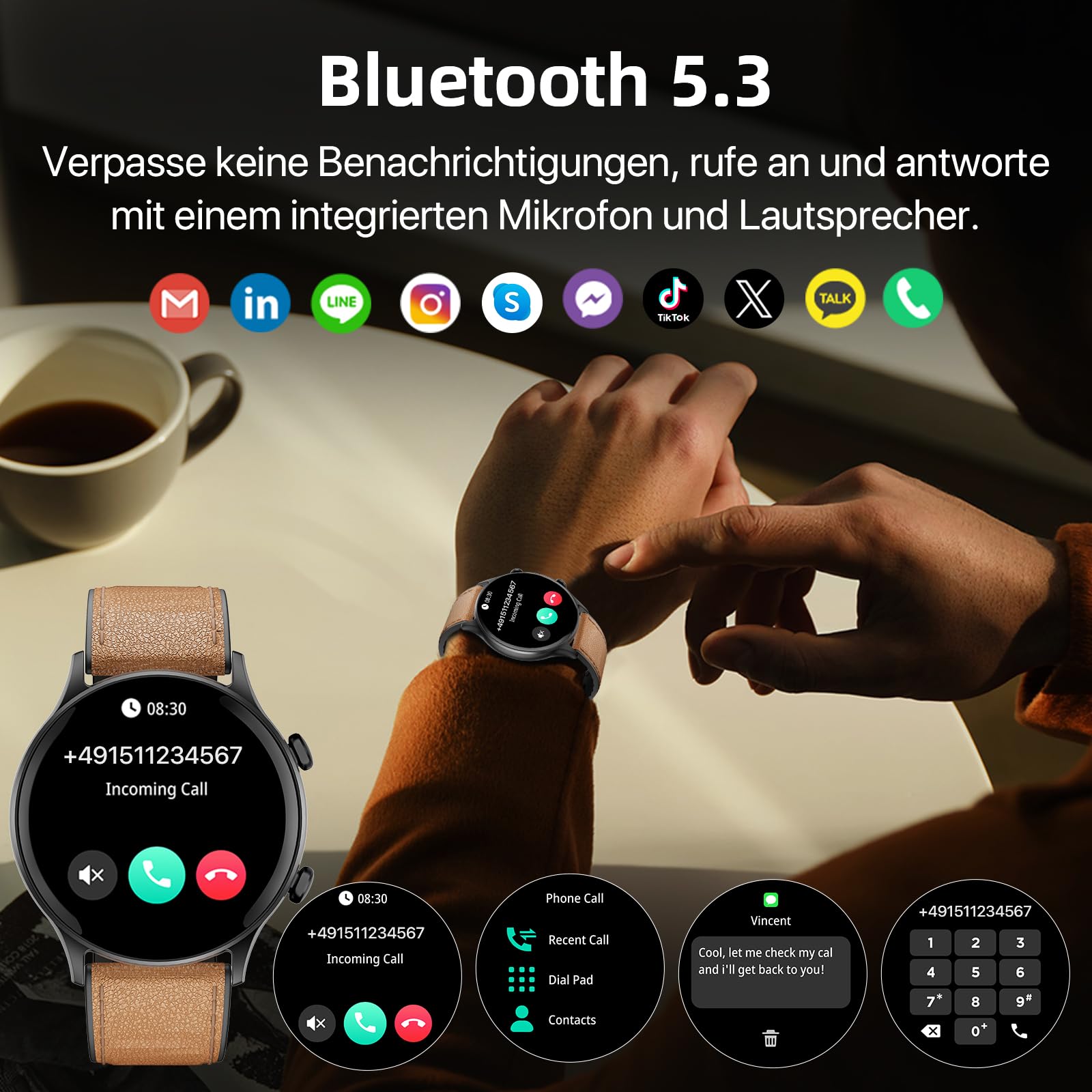 WalkerFit Montre Connectée Homme: 1.39“ Smartwatch Sport Ronde avec Appels Bluetooth, 110+ Modes Sportifs Podometre avec Moniteur De Fréquence Cardiaque/Sommeil/Étanche pour iOS/Android (Cuir)