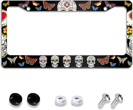 Sugar Skull Butterfly License Plate Frames for Car Decorative Aluminum Car Tag with 2 Holes and Screws Caps,Car Plate Frame for US Canada Vehicles Standard Gifts for Women Men 12''x6''