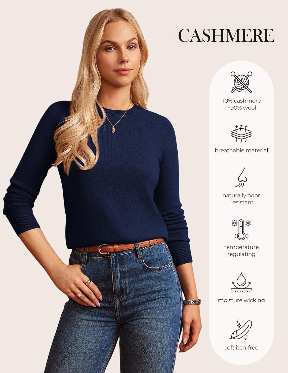 GRACE KARIN Women Cashmere Sweater Crew Neck Merino Wool Soft Pullover Layer Dressy Casual 2026 Spring with Socks - Image 5