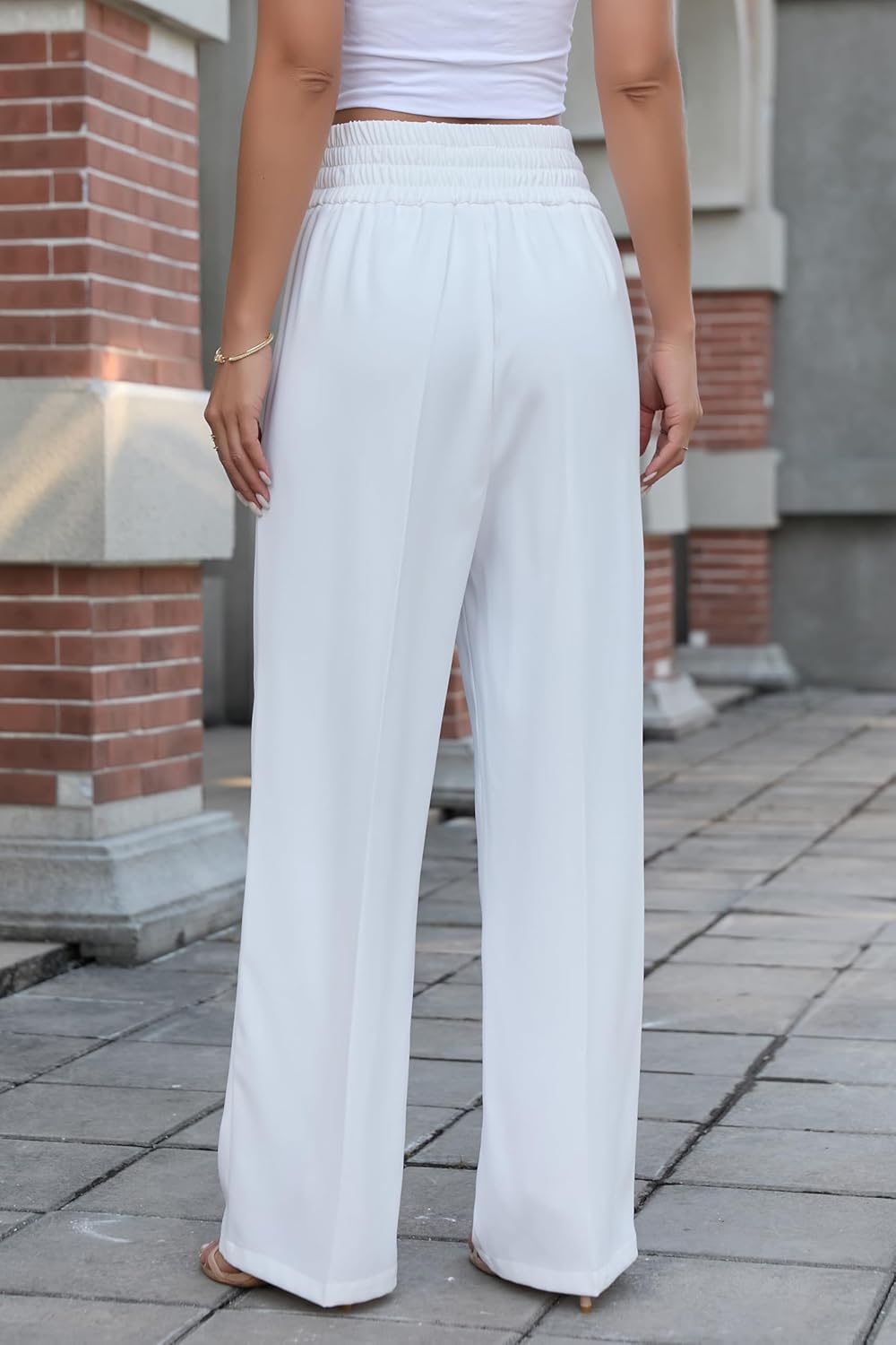 Betusline Women's High Waist Dress Pants Business Side Button Work Wide Leg Pants Straight Leg Trousers, Off-White, Medium - Image 4