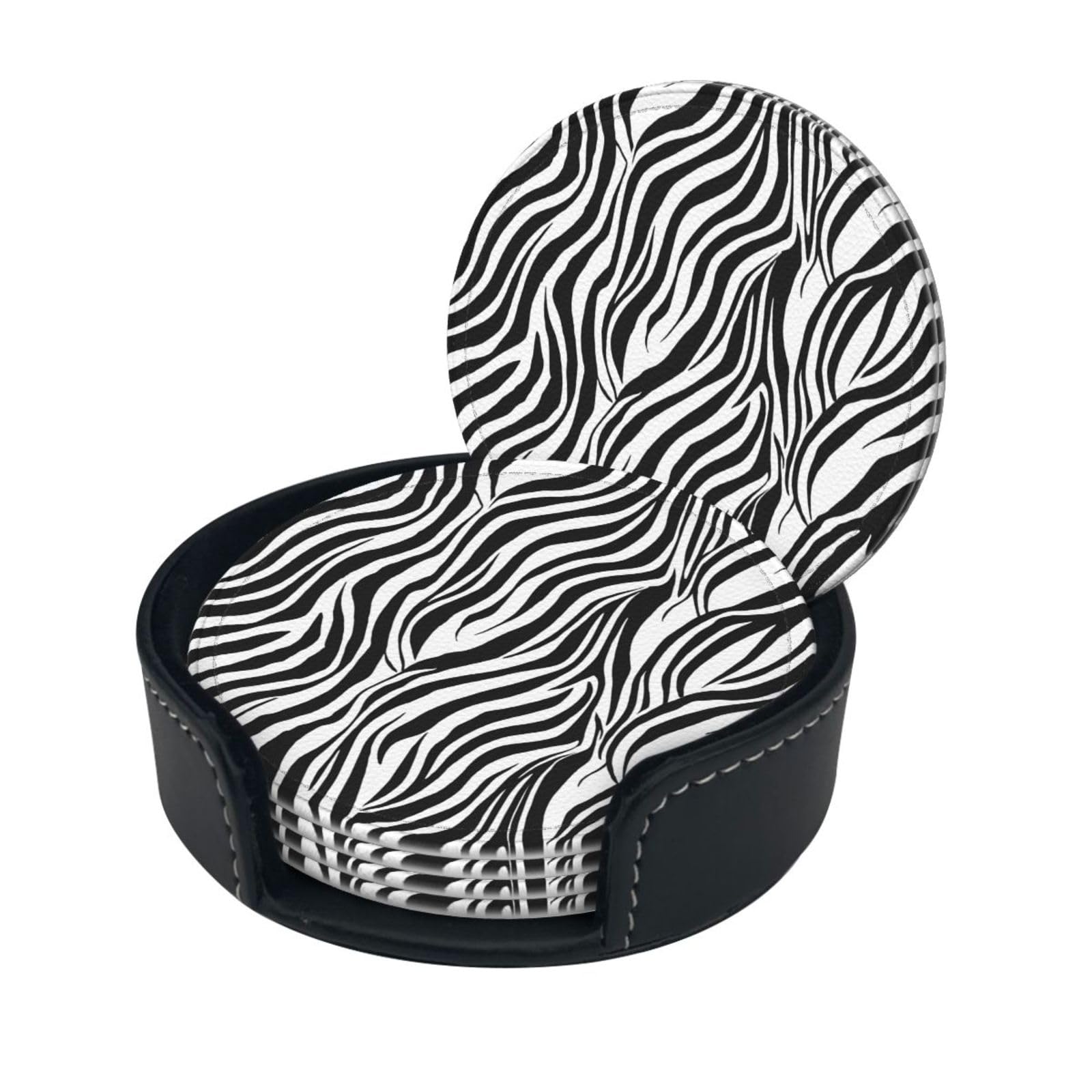 Zebra Print Print Coaster,Round Leather Coasters with Storage Box for Wine Mugs,Cold Drinks and Cups Tabletop Protection (6 Piece)