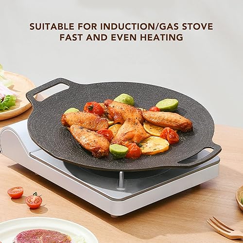 Miniatura 5 de Sartén coreana, sartén redonda antiadherente para barbacoa con asas dobles, conductividad térmica rápida, soporte estable, adecuada para estufa de