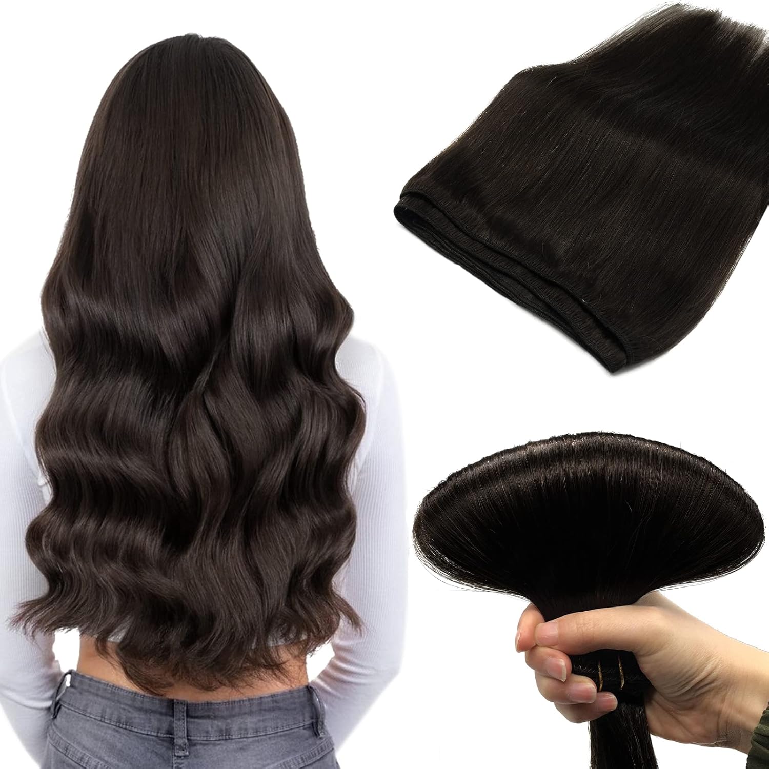 DOORES Sew in Hair Extensions Real Human Hair, Dark Brown