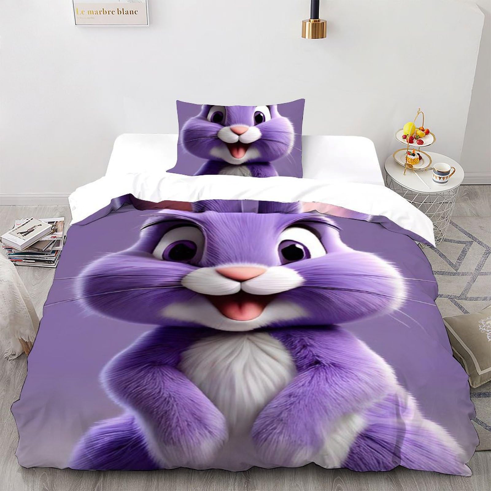 Housse de couette 135x200 lapin violet imprimé 3D microfibre lit enfant single