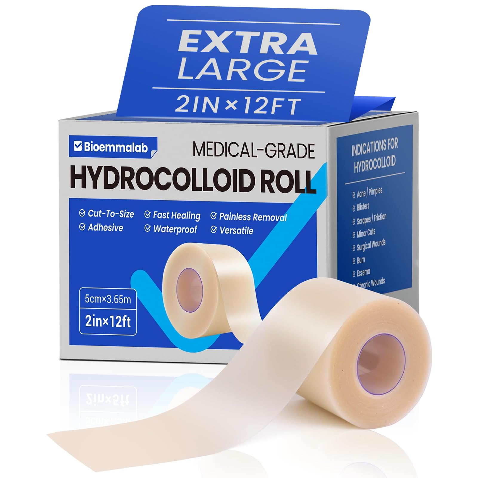 Hydrocolloid Roll Adhesive Bandages Medical Grade Pimple Tape, 2in x 12ft