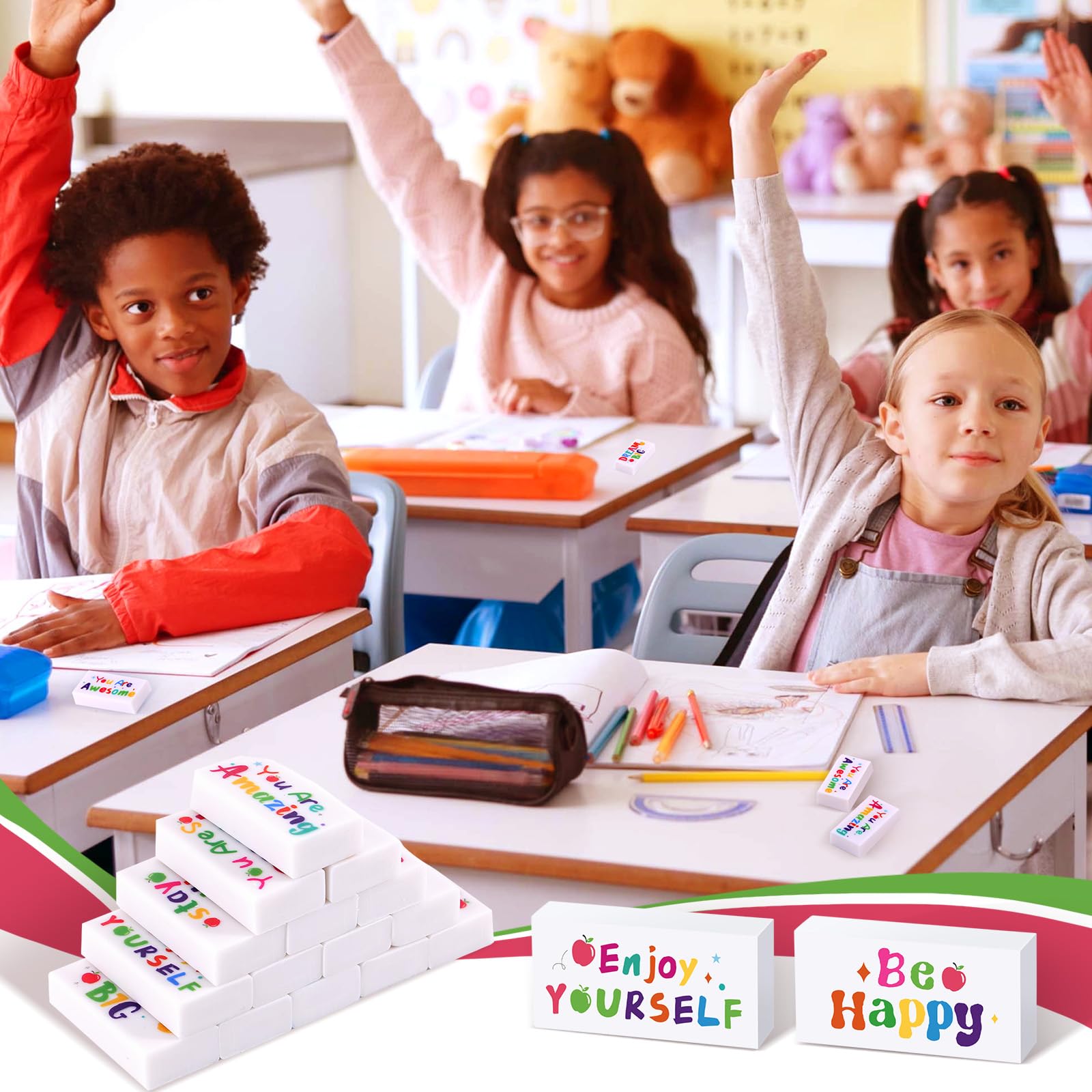 100 Stück inspirierende Bleistift-Radiergummis, weiß, motivierender Radiergummi für Kinder, lustige Radiergummis, Großpackung für Studenten, Lehrer, Preis, Belohnung, Schulanfang, Bürobedarf