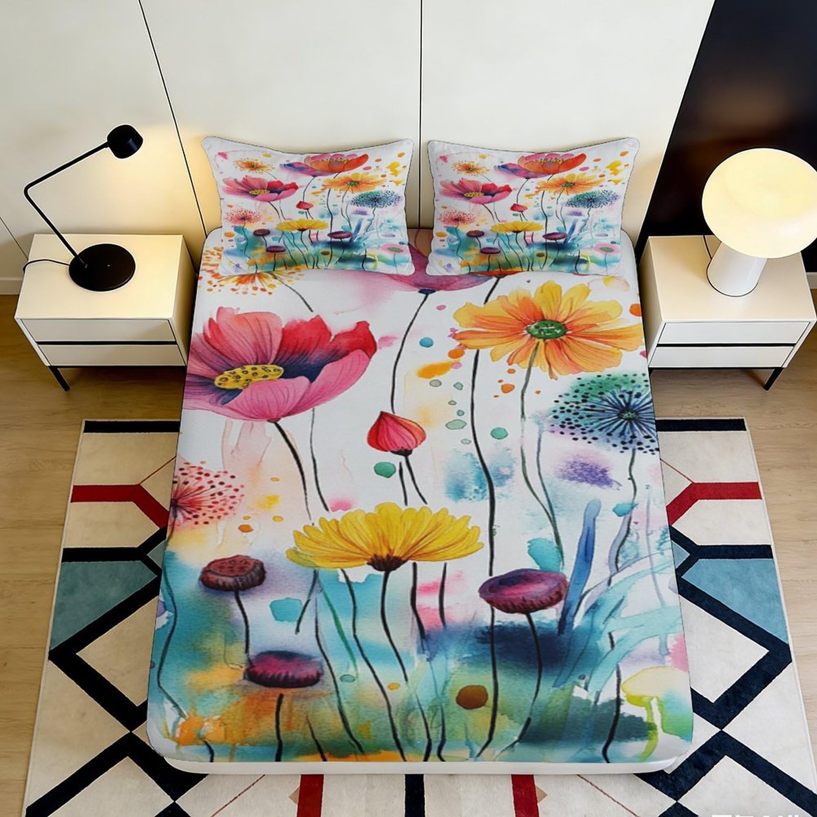 3D Printed Watercolor Floral Fitted Sheet Microfiber Soft Breathable Abstract Wildflowers Mattress Cover for Bedroom Guest Room 90x200x25cm