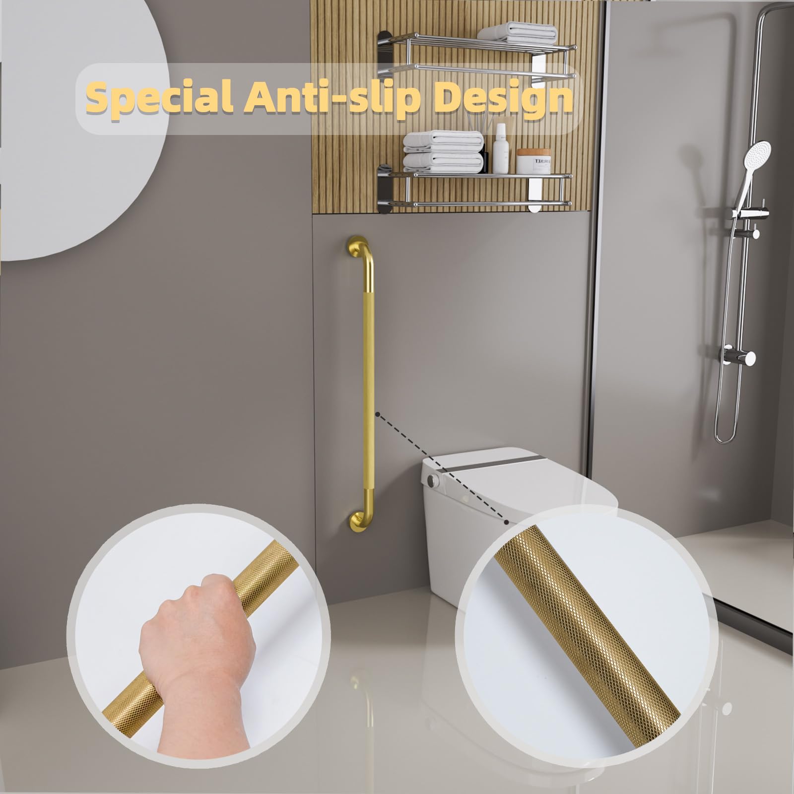 Maniglia per doccia, 91 cm, con impugnatura zigrinata antiscivolo, barra di equilibrio in acciaio inox, diametro 3,2 cm, barra di sicurezza per vasca da bagno, supporto per anziani, anziani incinte
