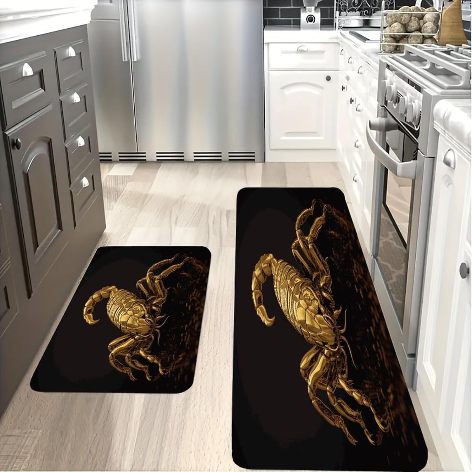 Gold Scorpion Kitchen Mats with 2PCS Non-Slip Washable,Kitchen Rug Heavy Duty Durable, Floor Mats for Kitchen,Office,Sink,Laundry
