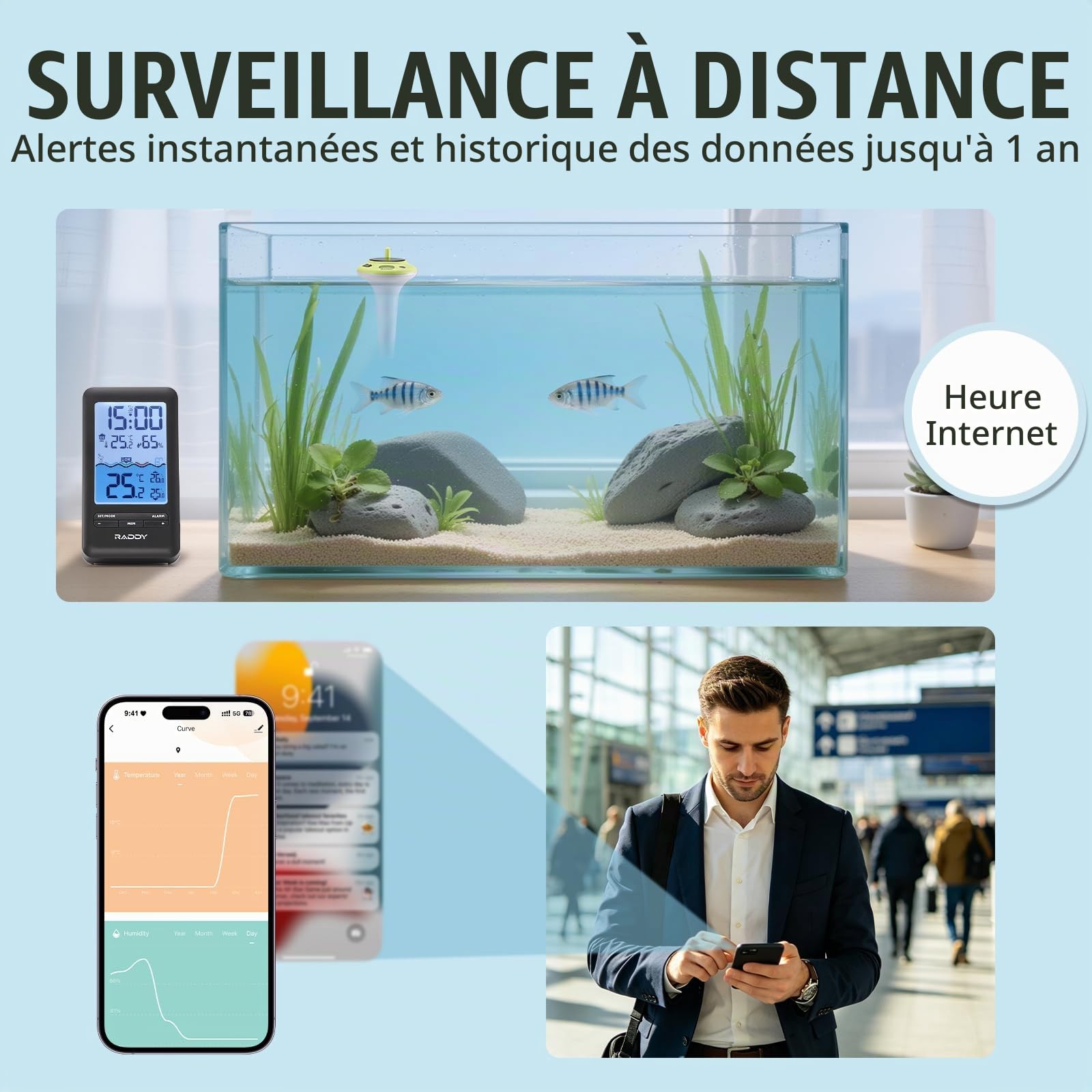 Raddy PT-5 WiFi avec App Thermomètre de Piscine, Capteur Flottant Sans Fil & Écran Intérieur, Thermomètre Numérique IPX8, Rechargeable Solaire & USB-C pour Spa, Jacuzzi, Piscine, Aquarium