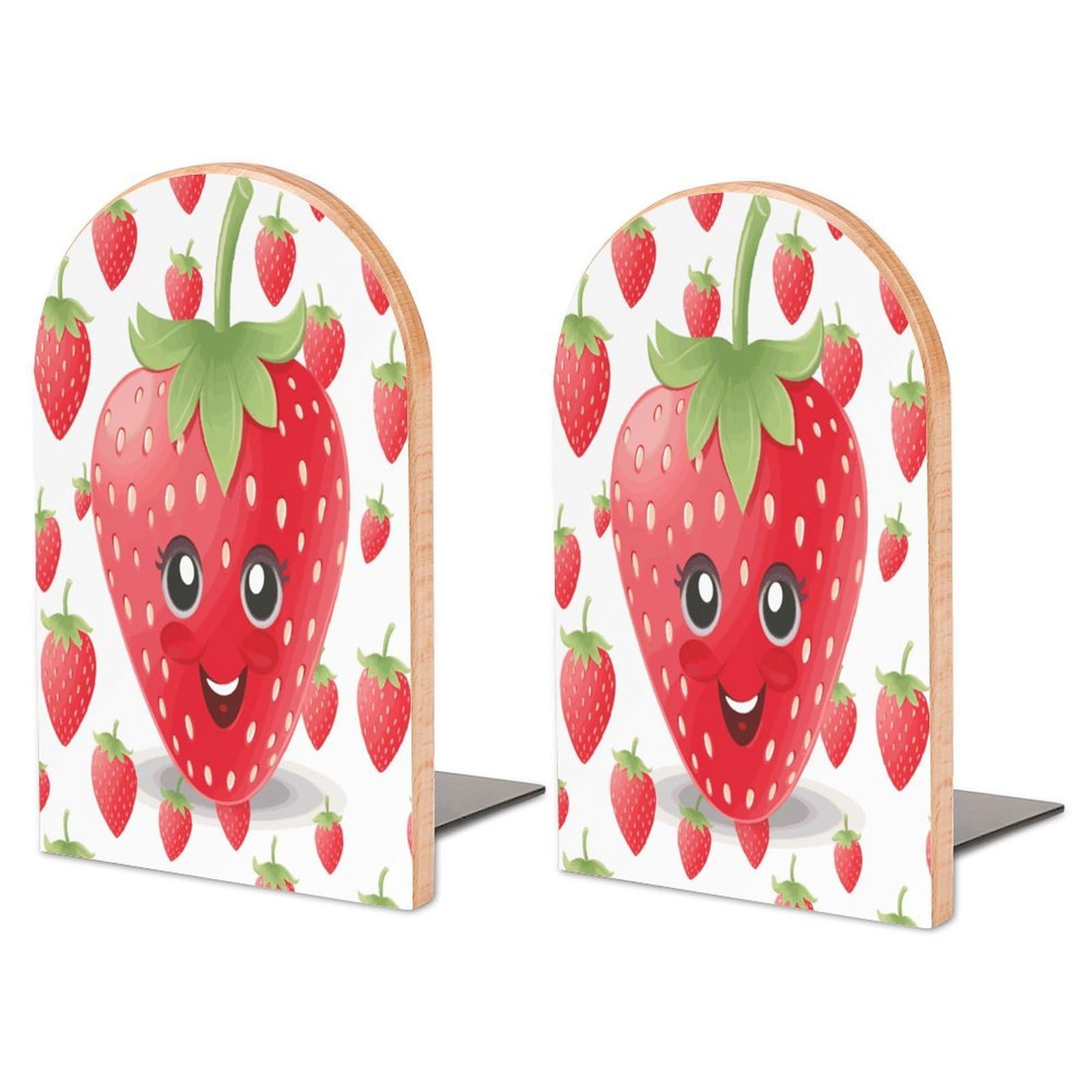 Heavy Duty Strawberry Book End Wooden Bookends with Metal Base Non-Skid Book Stopper for Shelves Books Organizer for Home Office Supplies 6.7 X 4.7 X 3.9”