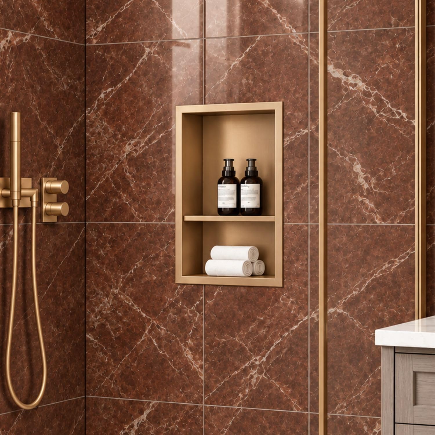 18 x 12 Inch Stainless Steel Shower Niche, No Tile Needed Wall Niche with Double Shelves, Recessed Wall Niche Insert for Bathroom Shower Kitchen Storage, Dark Bronze