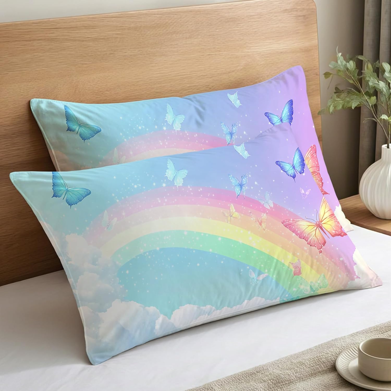 Rainbow Pillow Cases King Size Set of 2 - Soft Breathable Microfiber Pillowcases with Envelope Closure, Girls Butterfly Colorful Patterned Pillow Covers, Rainbow Decor