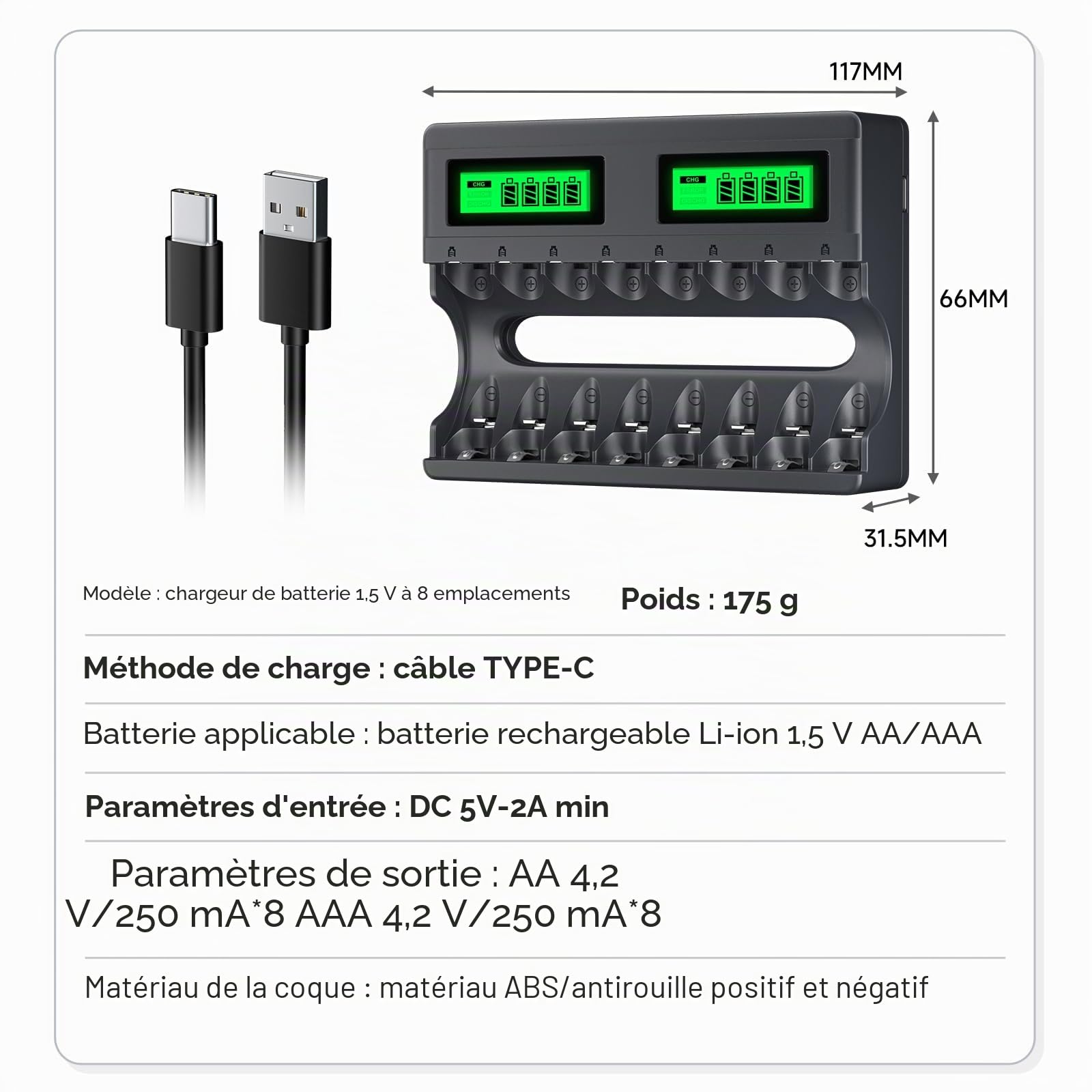 4 Piles AA 1,5 V Rechargeables avec Chargeur, 4 Piles Rechargeables au Lithium AAA avec 8 emplacements USB C Type-C Charge indépendante LCD Chargeur Rapide Intelligent pour Pile AA AAA