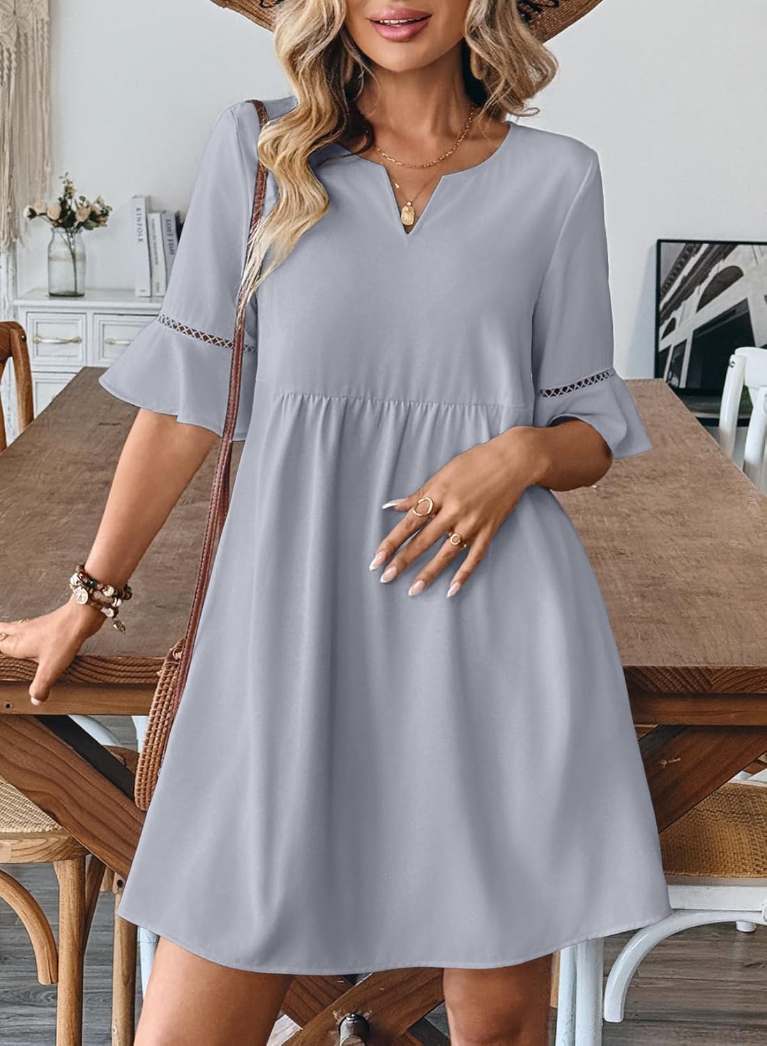 EVALESS Summer Dresses for Women 2026 Casual V Neck Spring Dress Ruffle Short Sleeve Hollow Out Mini Dress A Line Dresses - Image 4