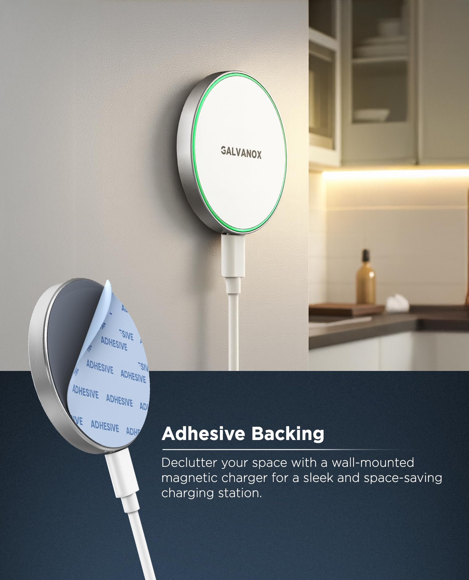 Galvanox Kompatibel mit MagSafe Wandmontiertes magnetisches kabelloses Ladegerät (15W) Schnellladung, aufklebbares klebriges Design mit langem abnehmbarem USB-C-Kabel (3,05 m) Weiß
