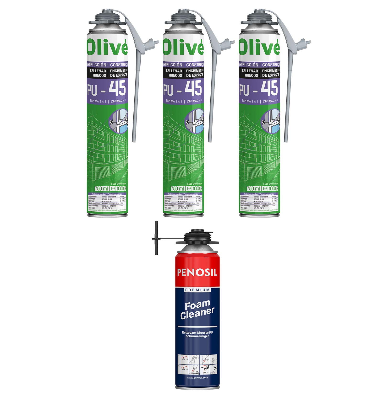 Espuma expansiva de poliuretano 750 ml de doble aplicación, pistola y manual – Lote de 3 cartuchos + 1 limpiador
