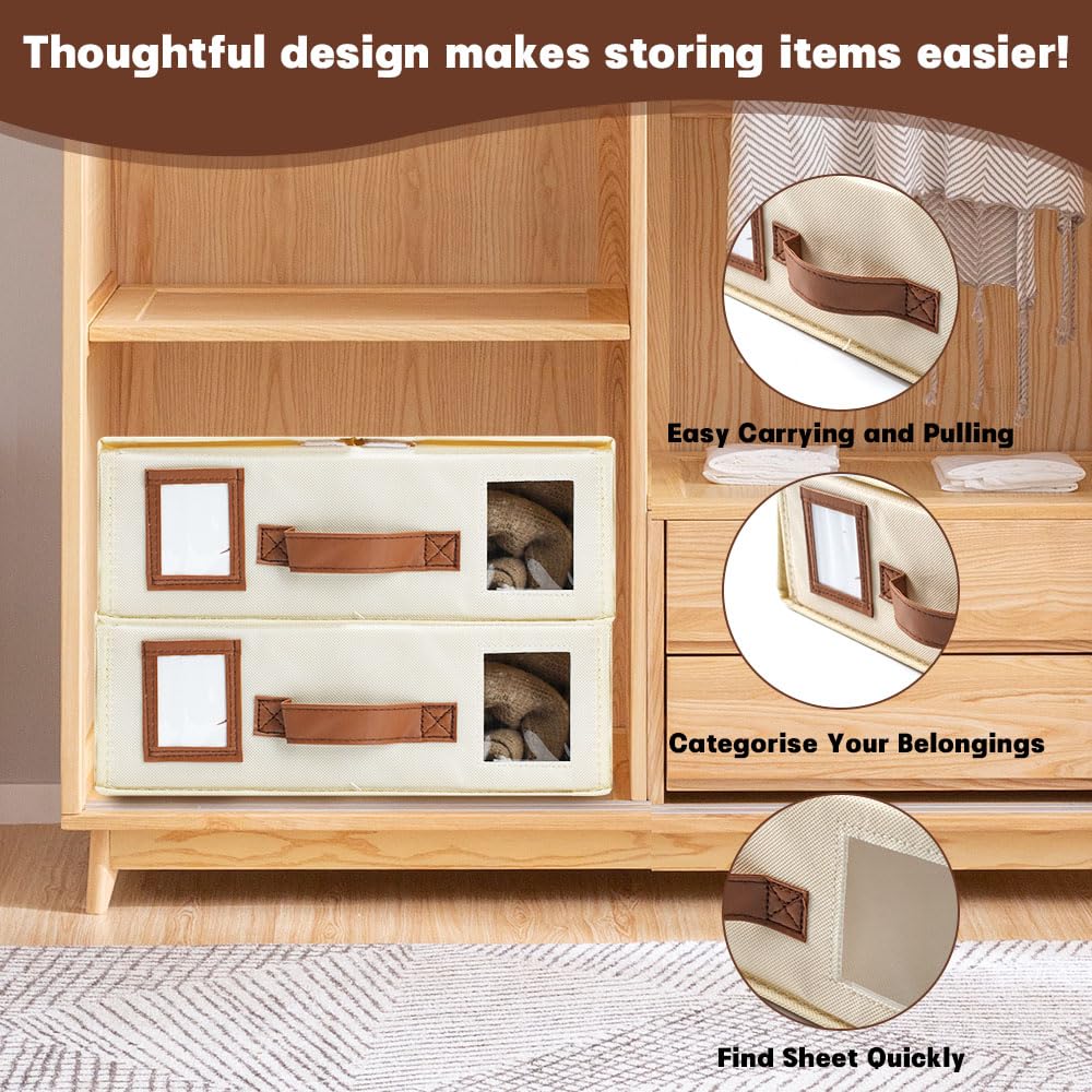 4 Bettwäsche Organizer Bettwäsche Aufbewahrung, Faltbare Aufbewahrung Bettwäsche mit Griff Etiketten und Fenster, Bettwäsche Aufbewahrungsbox Für Laken Bettdecken Handtücher Decken (Weiß) | Faltbare Bettwäsche Aufbewahrungsbox mit Ledergriff Etiketten und