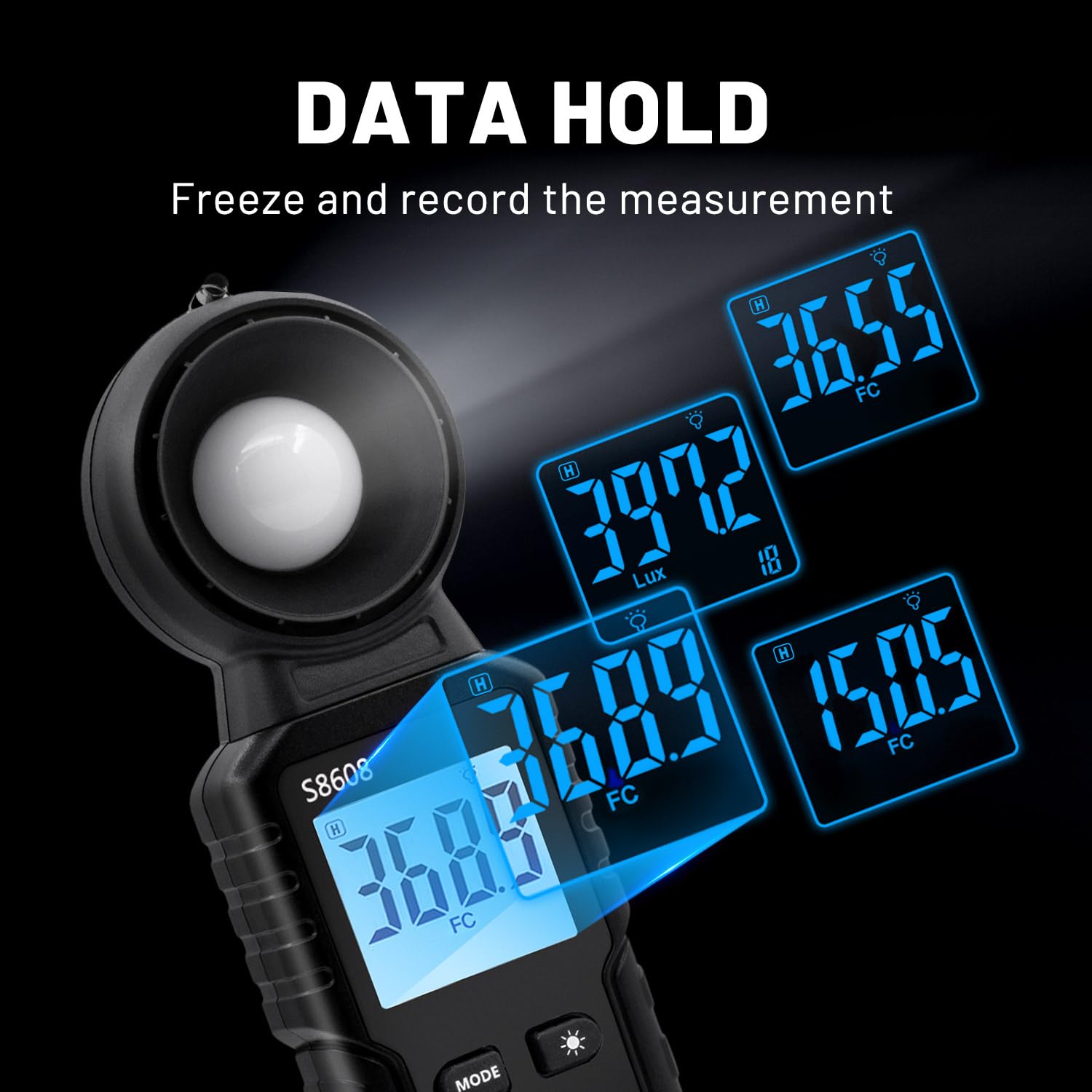 Mcbazel Digital Illuminance Light Meter showing data hold function