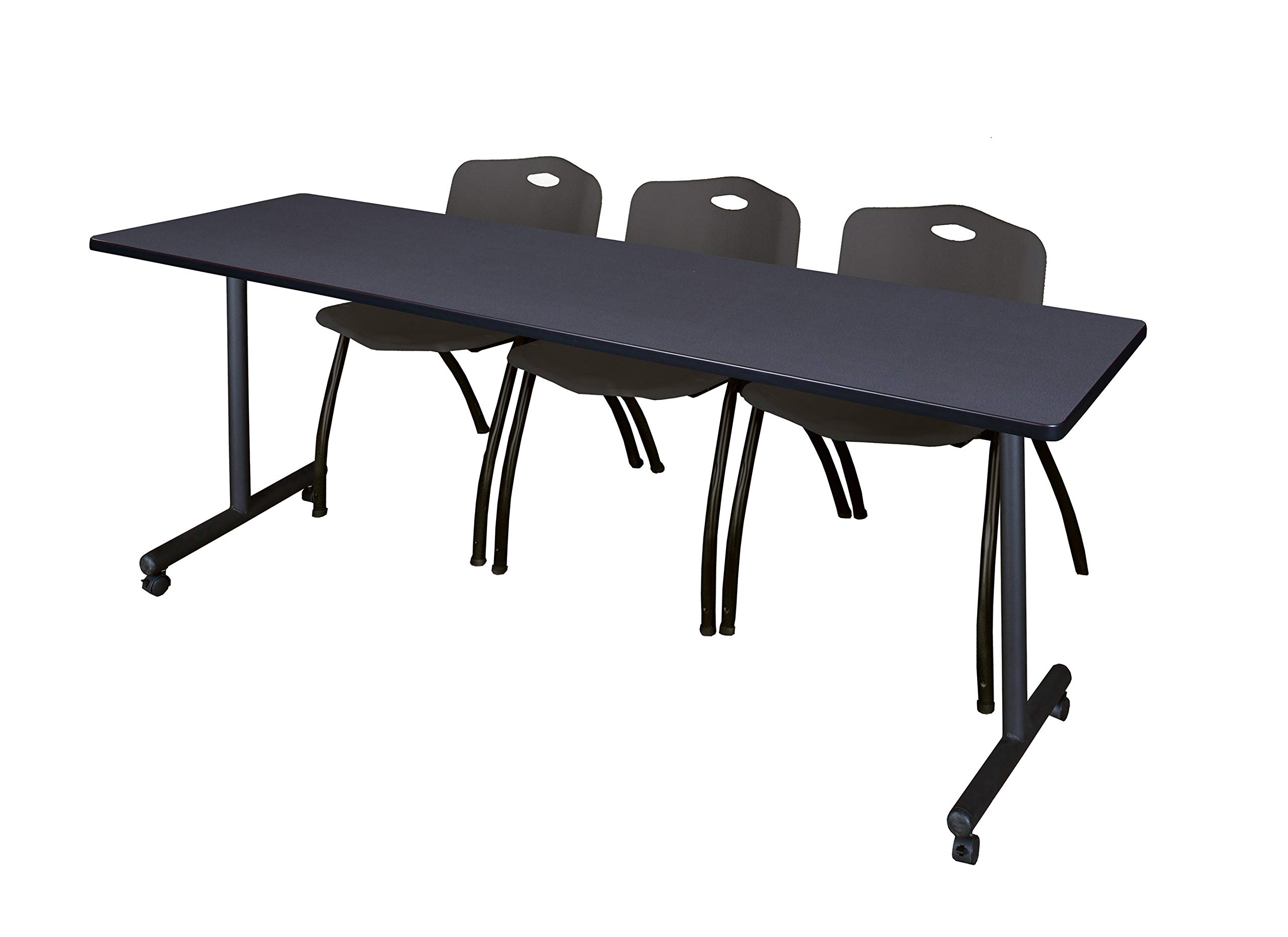 Romig Axis-Pro 84 x 24 in. Mobile T-Base Training Table- Grey, 2 M Stack Chairs- Black
