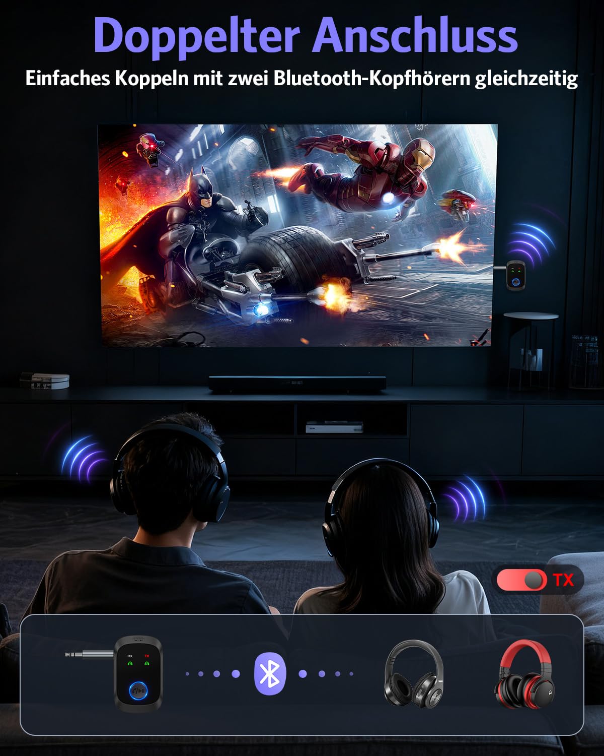 OQIMAX Bluetooth 5.4 Adapter Aux, 2-in-1 Bluetooth Transmitter Empfänger für 2 Kopfhörer, 3.5mm Aux Klinke Bluetooth Sender Low Latency, Kompatibel mit BT Kopfhörer, TV, Flugzeug, Auto, Fitnessgeräte - 4