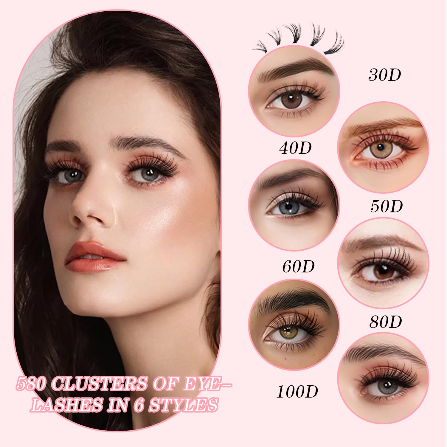 Ciglia Finte Ciuffetti,580 Pezzi Kit Extension Ciglia,30-40-50-60-80-100D Lash Cluster,Ciuffetti Ciglia Finte Kit per Ragazze e Donne Principianti (8-16mm Mix)