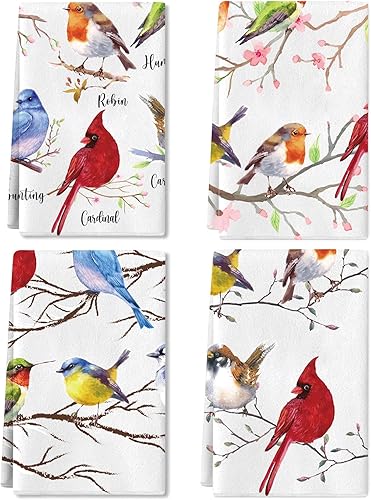Juego de 4 toallas de cocina con diseño de pájaros, diseño de pájaros en rama, color cardenal, colibrí, azul, toallas de cocina absorbentes para