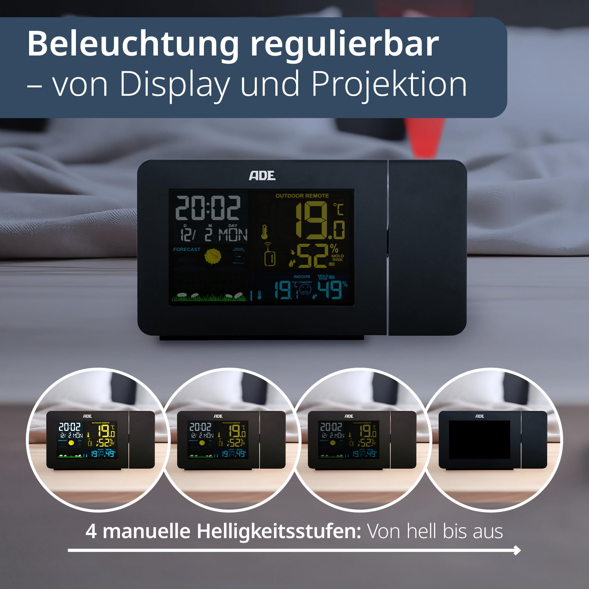 ADE Funkwecker mit Projektion | Funk Wetterstation mit Außensensor | Hygrometer und Thermometer für innen und außen | Projektionswecker | digital mit Netzteil | schwarz