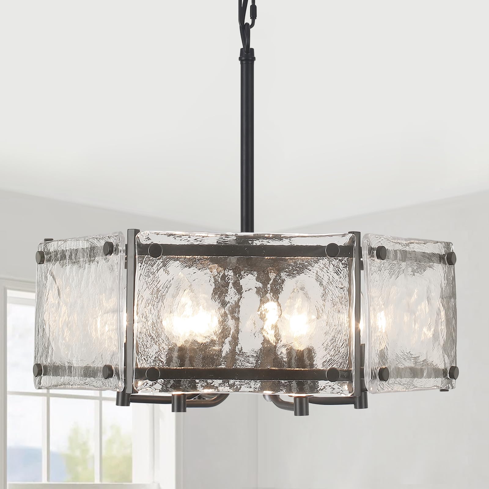 KLJCJF 6-Light Black Glass Chandelier, 18.7" Modern Textured Glass Drum Chandelier for Dining Room, Farmhouse Round Hanging Light Fixture for Dining