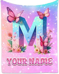 Personalized Initial Blanket - Butterfly Gifts for Girls - Custom Initial Blanket - Soft Monogram Gifts - Flannel Throws for Office, Sofa