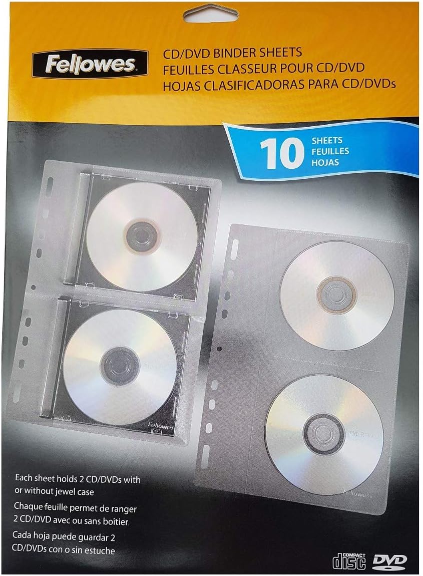 Fellowes 95304 Cd/DVD Binder Sheets, Hole Punched,Letter Size, 10/Pk, Clear Office
