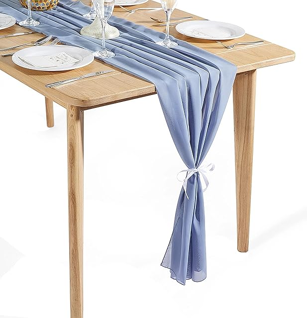 Time to Sparkle 2PCS 10FT Chiffon Table Runner Wedding Decor 28x120 inches Gauze Table Runner Rustic Sheer Table Decor for Romantic Bridal Shower Baby Shower Birthday Party Grayish Blue