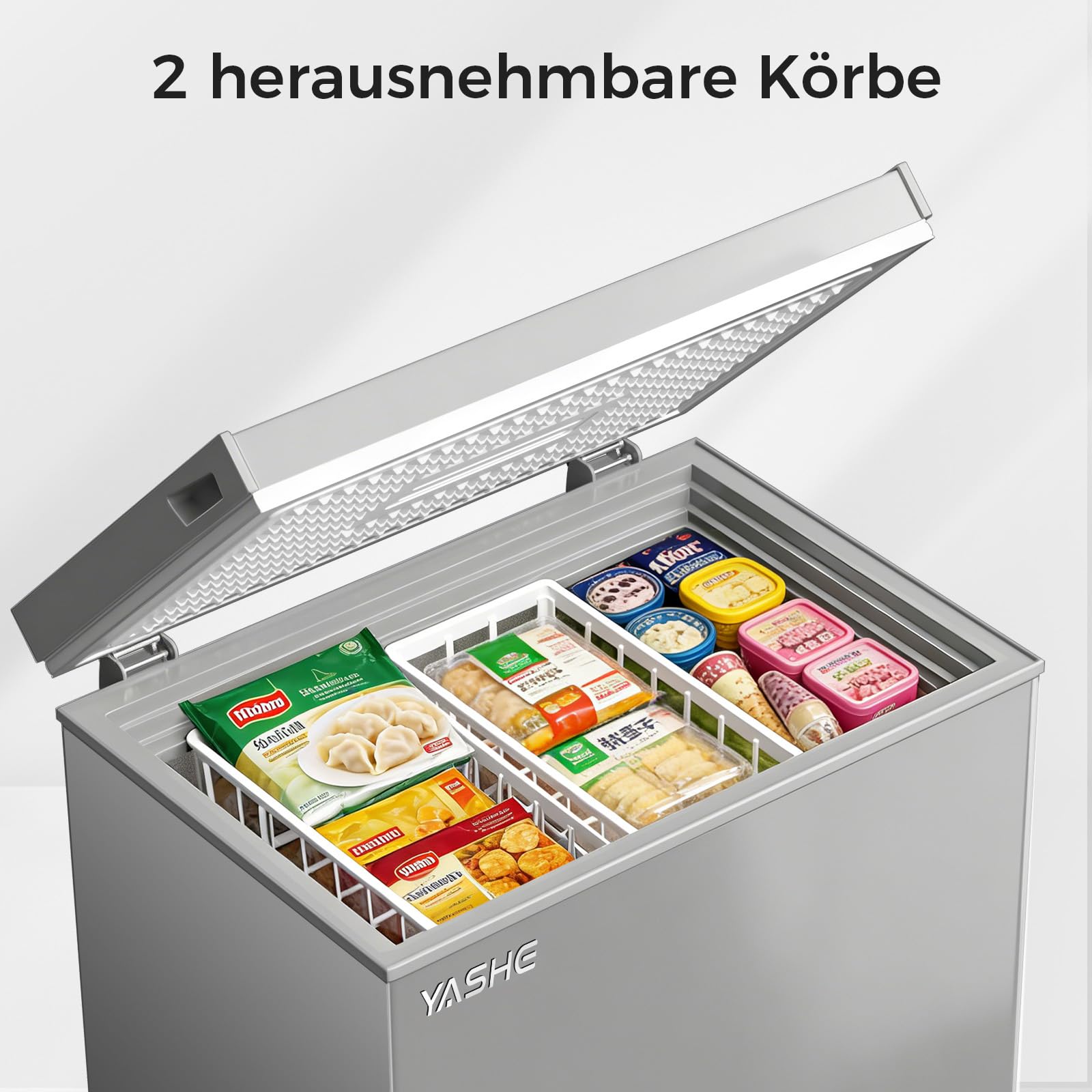 YASHE Gefriertruhe 150L, freistehende Tiefkühltruhe, Silber | 2 herausnehmbare Körbe • Einstellbare Temperatur • 45 dB leise • Ideal für Küche, Wohnung und Garage