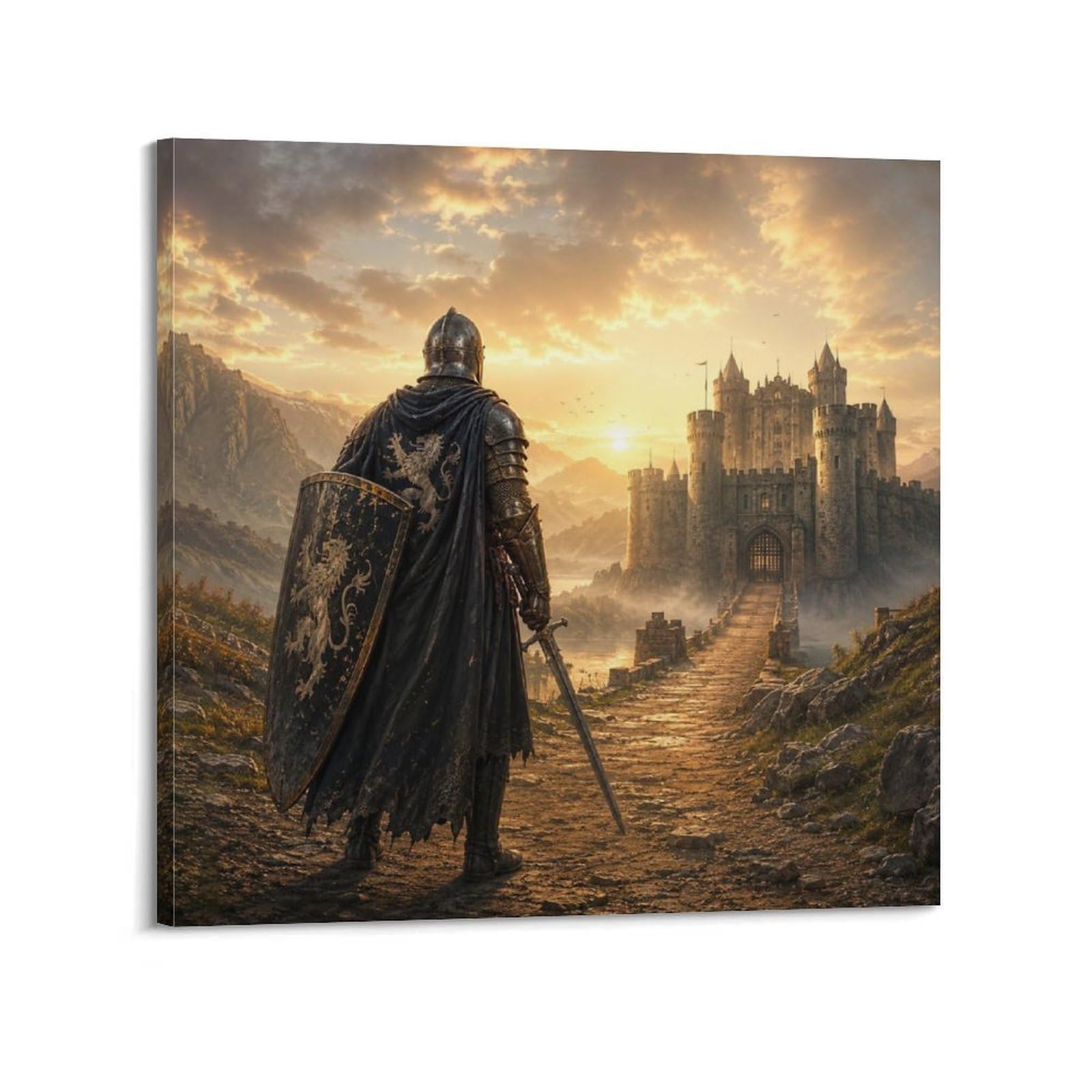 XKUGA Medieval Knight Castle Fortress Shield Poster Dawn Gate Armor Modern Decorative Canvas Prints - Ideal Wall Art for Family, Man Cave, Game Room, Boys & Girls Bedroom 20x20inch(50x50cm)
