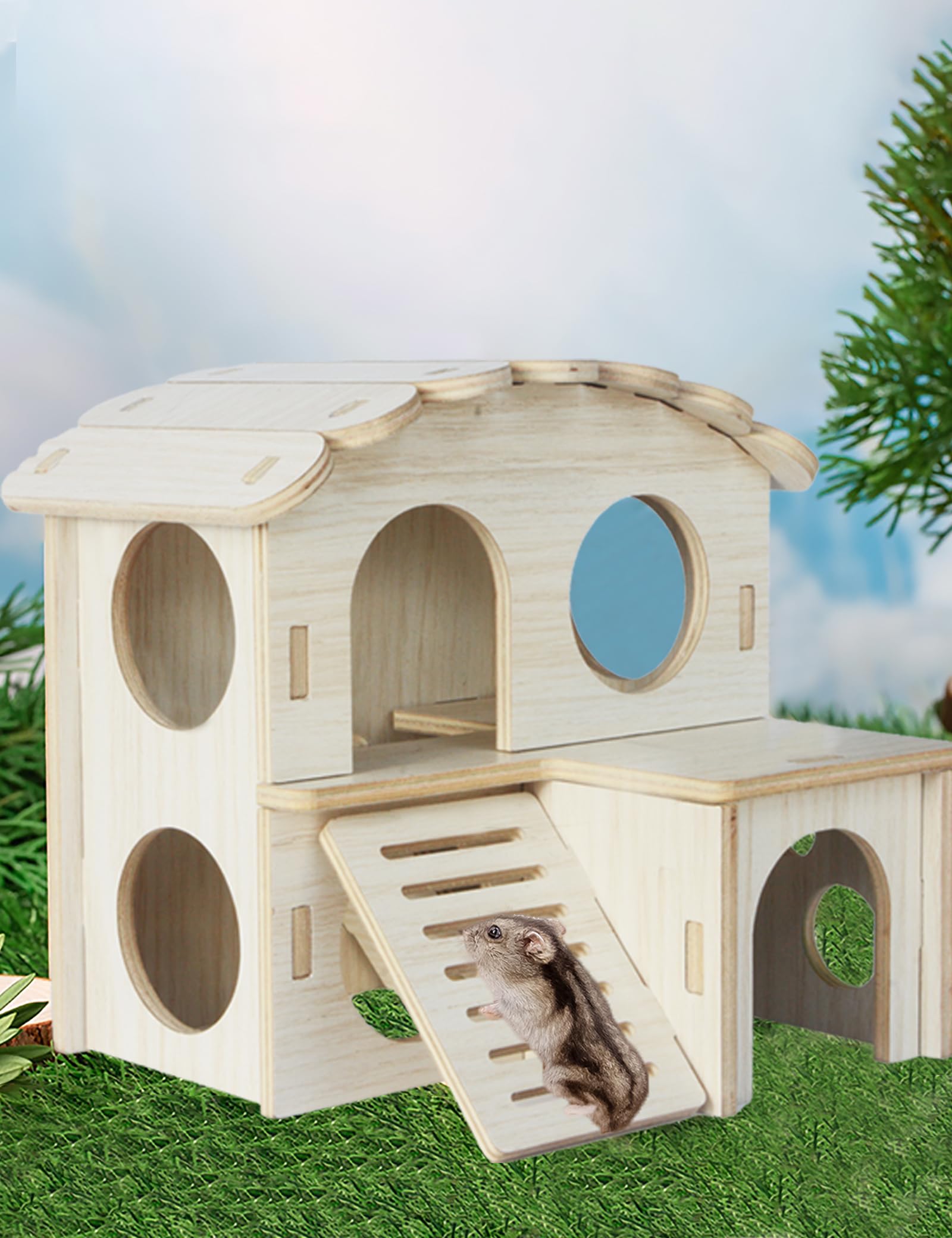 Dwarf Hamster Cage Accessories Wood Hamster Hideout House With Ladder ...