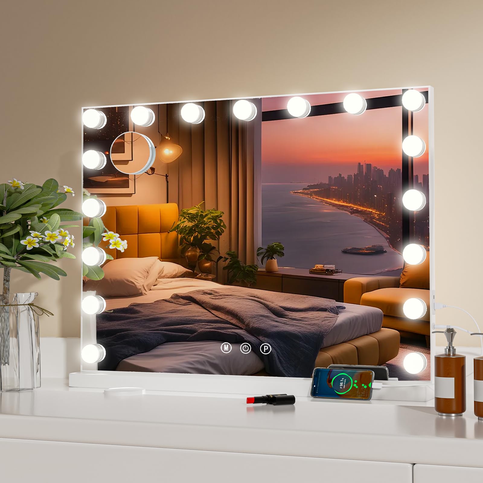 Espejo maquillaje con luz, 80x62 cm, Gran espejo tocador con luz de pared con 17 luces LED, 3 modos de iluminación, espejo con luz para maquillaje luminoso con USB y lente de aumento 10x - Blanco