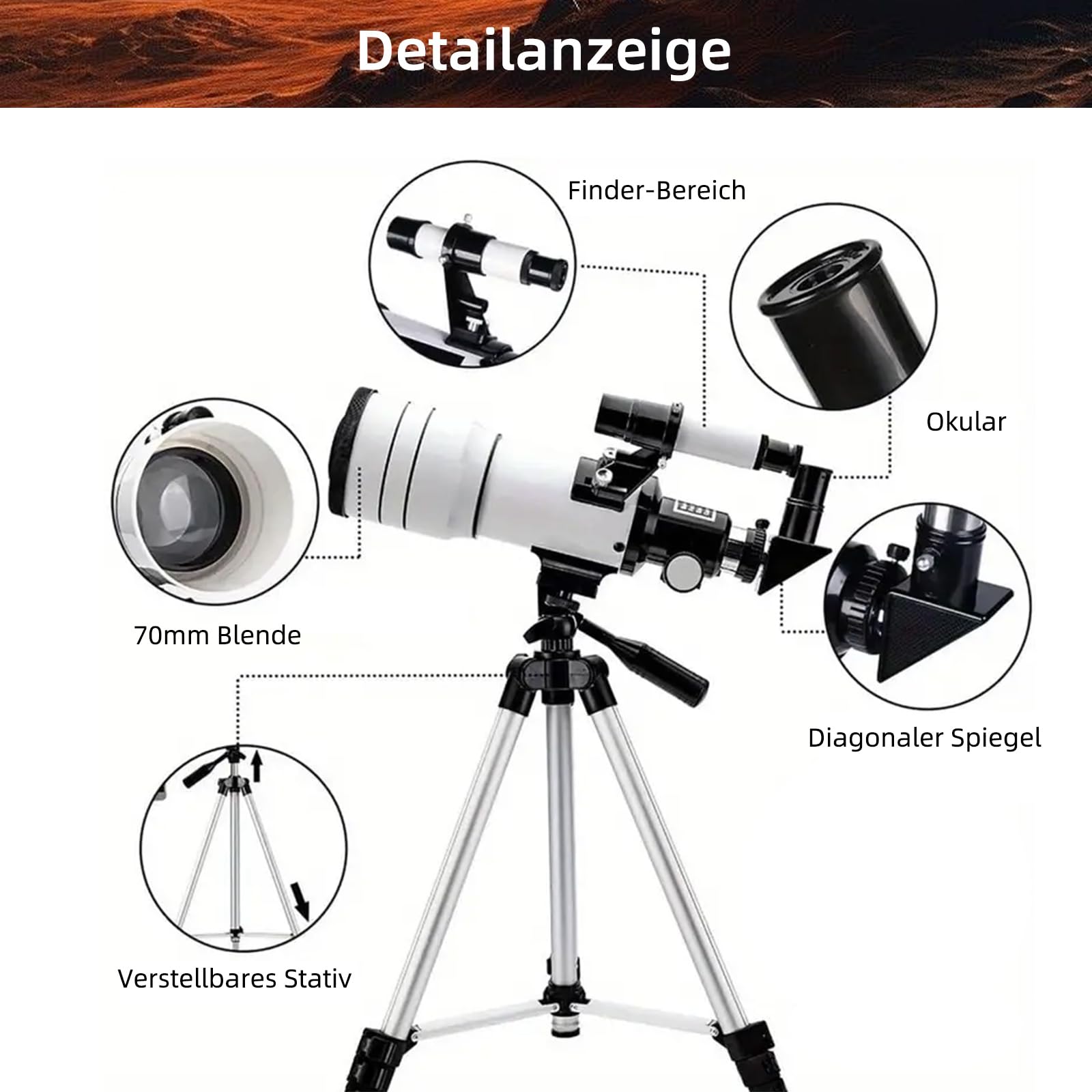 ACESOME Teleskop für Kinder Erwachsene, Telescope Astronomy Vergrößerung 15-150x, 70mm Spiegelteleskop, Teleskop mit Handyhalterung und Sonnenfilterfolie