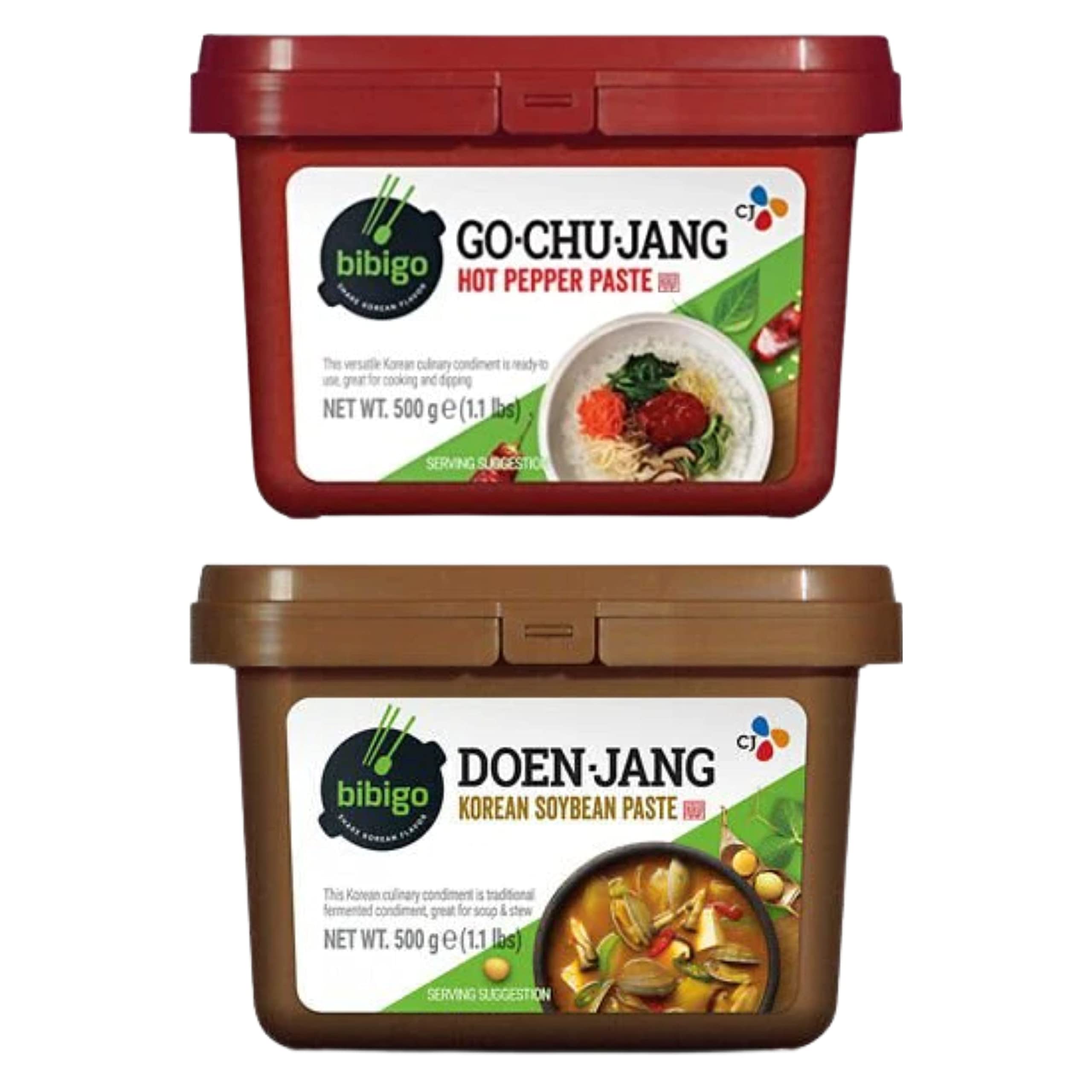 CJ Bibigo Korean Paste 500G Bundle (Hot Pepper Paste and Korean Soybean Paste) - Pack of 2