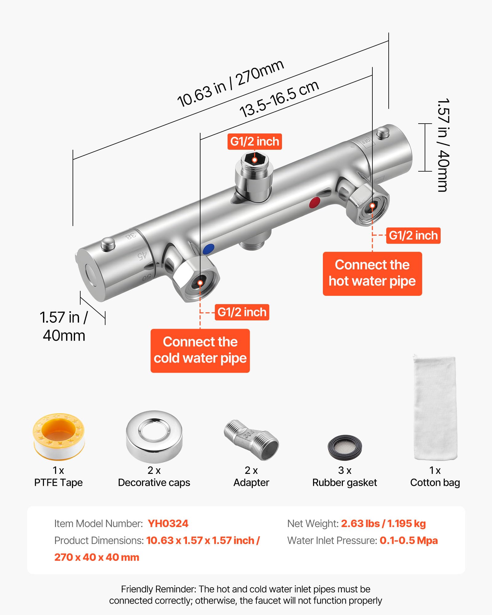 VEVOR Válvula Termostática para Grifo de Ducha, con Cierre Seguro 38 ℃, para Grifo de Ducha de Agua Fría y Caliente, con Temperatura Constante a Baño, Autocaravana y Caravana, 270 x 40 x 40 mm